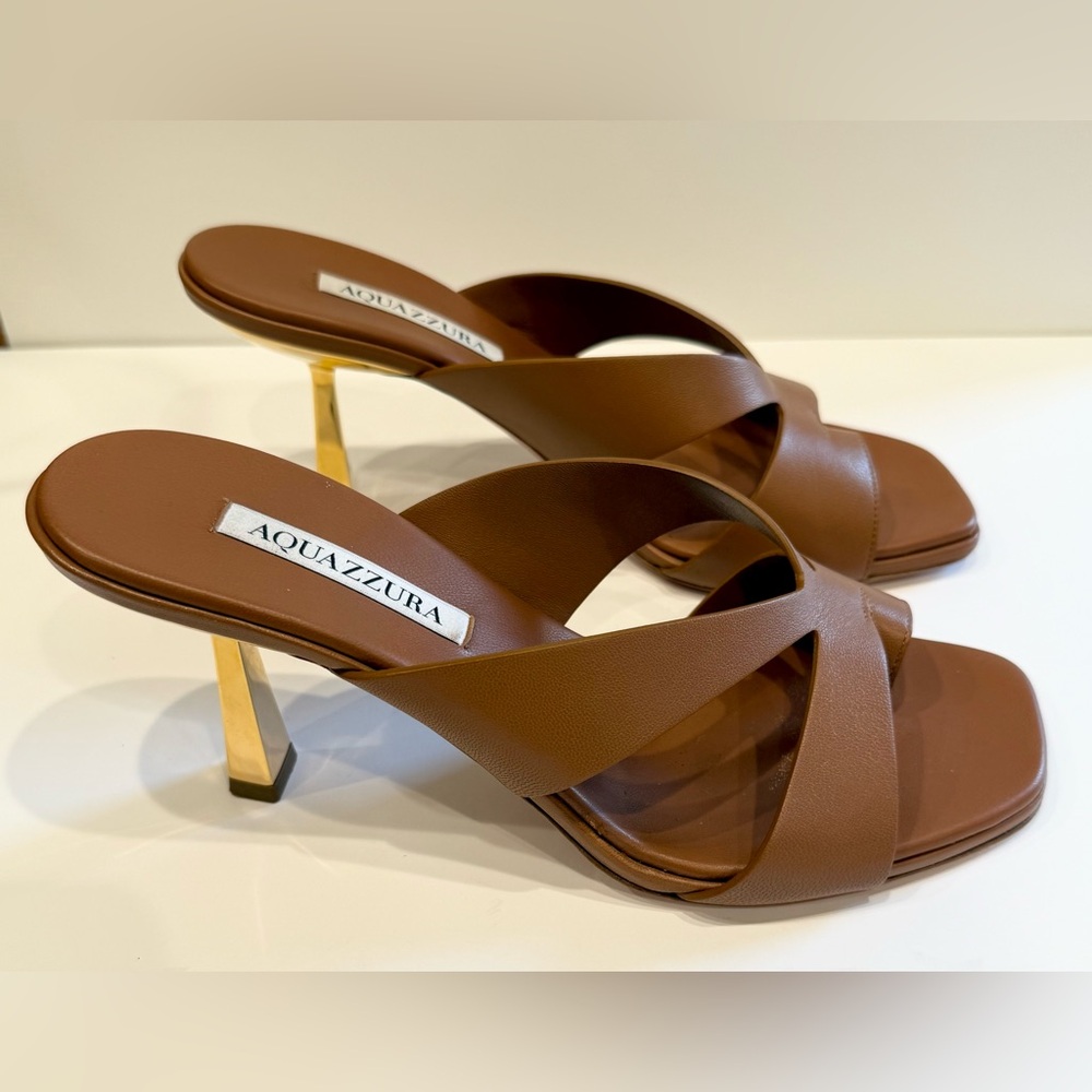 Aquazzura 85mm Brown Leather Sandals with Gold Heel - Picture 2 of 3
